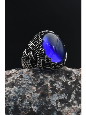 Erkek Yüzüğü Lacivert Zirkon Taşlı Zirkon Taş Süslemeli 925 Ayar Gümüş 901752