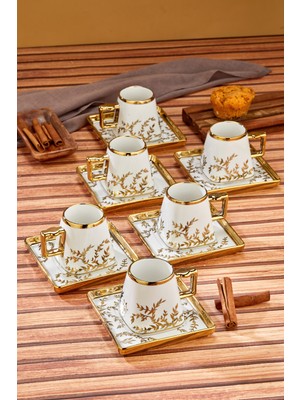 Cooker Şık Tasarımlı 6'lı 180 ml Porselen Kahve Fincanı Seti - Altın Yaldızlı - Hediye Seçeneği
