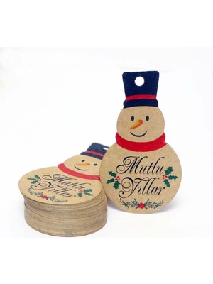 Kardan Adam Temalı Yeni Yıl Etiketi - Mutlu Yıllar - Kraft Yılbaşı Hediye Etiketi (4,5 X8CM) 40 Adet