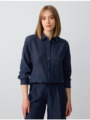 Jimmy Key  Lacivert Rahat Kesim Uzun Kollu Keten Gömlek