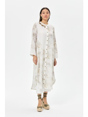 Saf Keten Desenli Tunik  Bej