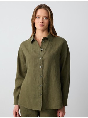 Jimmy Key  Haki Düz Kesim Uzun Kollu Dokuma Keten Gömlek