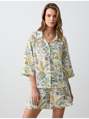 Jimmy Key  Taş Düz Kesim Truvakar Kol Desenli Keten Gömlek