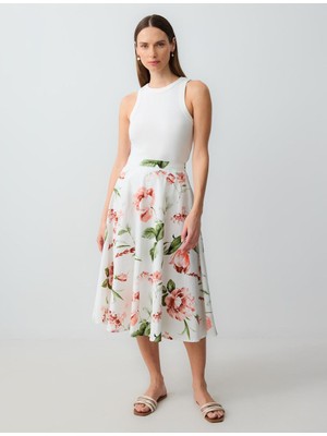 Jimmy Key Ekru Rahat Kesim Normal Bel Çiçek Desenli Pamuklu Midi Etek