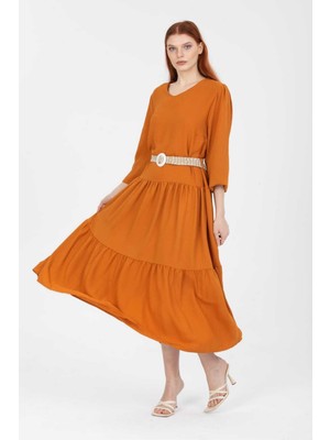 Uzun Kollu Kemerli Keten Elbise