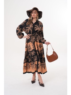 Tam Boy Düğmeli Kuşaklı Viskon Elbise