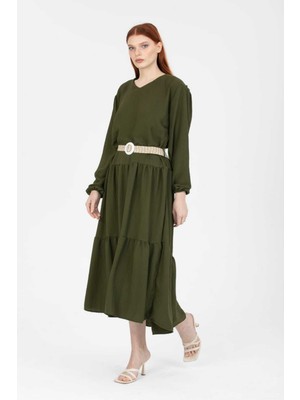 Uzun Kollu Kemerli Keten Elbise