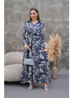 Tam Boy Düğmeli Kemerli Gömlek Yaka Uzun Kollu Elbise