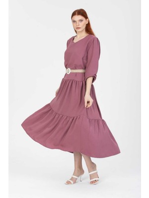 Uzun Kollu Kemerli Keten Elbise
