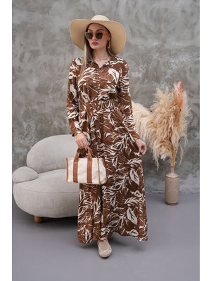 Tam Boy Düğmeli Kemerli Gömlek Yaka Uzun Kollu Elbise