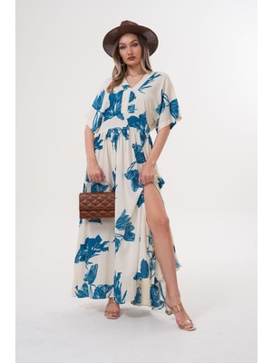 V Yaka Çiçek Desenli Yırtmaçlı Viskon Elbise