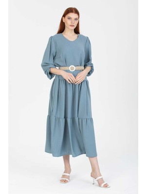 Uzun Kollu Kemerli Keten Elbise