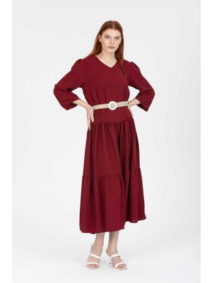 Uzun Kollu Kemerli Keten Elbise
