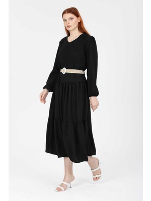 Uzun Kollu Kemerli Keten Elbise