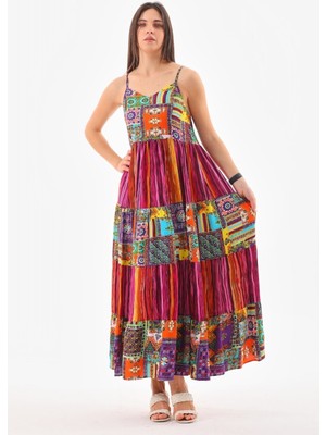 Askılı Patchwork Elbise