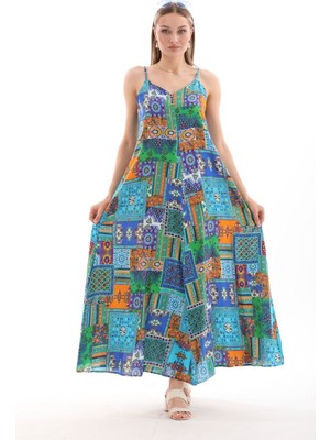 Patchwork Düz Askılı Viskon Elbise