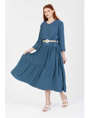 Uzun Kollu Kemerli Keten Elbise