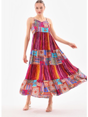 Askılı Patchwork Elbise