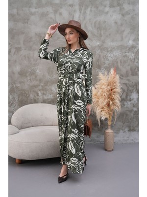 Tam Boy Düğmeli Kemerli Gömlek Yaka Uzun Kollu Elbise