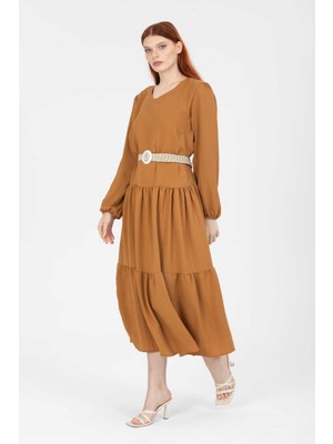 Uzun Kollu Kemerli Keten Elbise