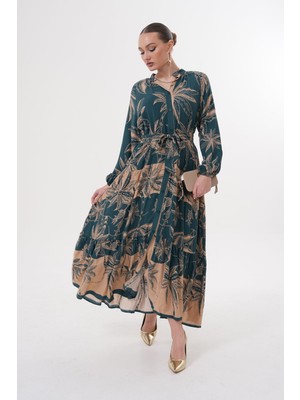 Tam Boy Düğmeli Kuşaklı Viskon Elbise