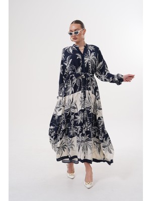 Tam Boy Düğmeli Kuşaklı Viskon Elbise