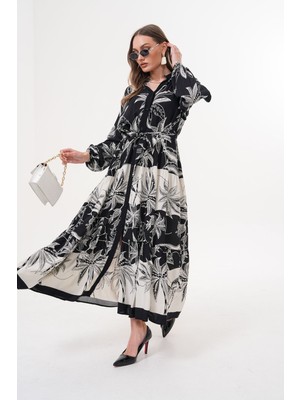 Tam Boy Düğmeli Kuşaklı Viskon Elbise