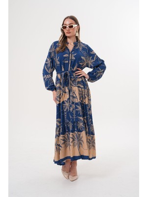 Tam Boy Düğmeli Kuşaklı Viskon Elbise