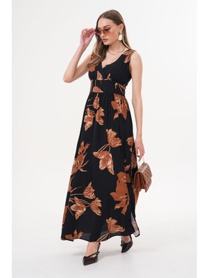 Kruvaze Kolsuz Çiçek Desenli Viskon Elbise