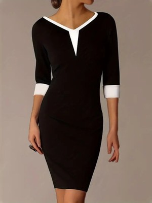 Hobidünyasıelif Kadın Fakir Kol V Yakalı Blok Renkli Kısa Janjan Krep Elbise