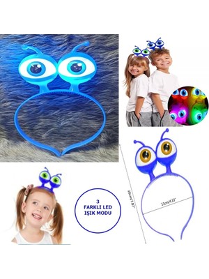 Tolzan LED Işıklı & Pilli 3 Farklı Modda Yanan Uzaylı Göz Parti Tacı Mavi Renk 18 x 12 cm