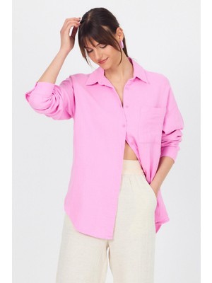 Pembe Tek Cepli %100 Pamuk Oversize Müslin Gömlek 4697A
