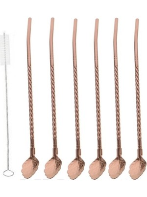 6'lı Bronz Pipetli Latte Kaşığı Kokteyl Kaşığı ve Temizleme Fırçası, 22 cm Yaprak Model
