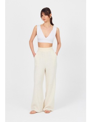 Natural Bel Lastikli Müslin Keten Bol Paça Pantolon 4719A