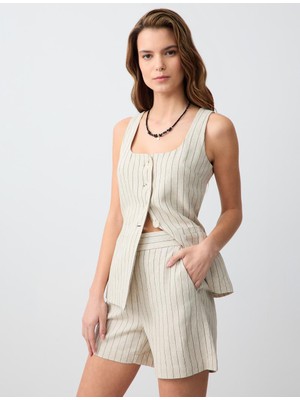 Jimmy Key Taş Düz Kesim Normal Bel Çizgi Desenli Keten Şort