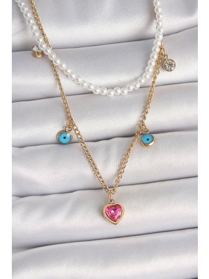 316L Çelik Gold Renk 2'li Inci Zincir Model Pembe Taşlı Kalp Figür Nazar Boncuk Detay Kadın Kolye