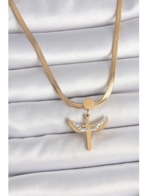 316L Çelik Gold Renk Italyan Zincir Zirkon Taş Detaylı Mikail Model Kadın Kolye