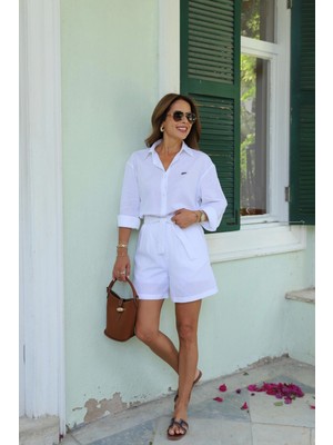 Beyaz Bel Bağlama Detay Keten Şort