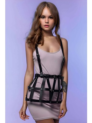 Kafes Tasarımlı Askılı Mini Elbise Üzeri Deri Harness - BRF1252