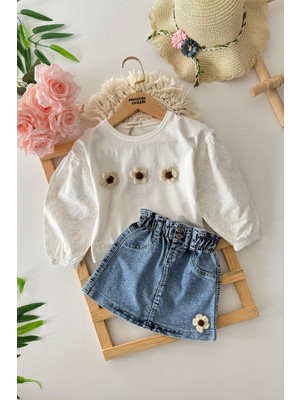 Minigimin Cicileri Örgü Papatya Desenli Kot Etekli Kız Çocuk 2 li takım - Krem