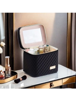 Buldug Kadınlara Led Aynalı Kozmetik Makyaj Çantası Geniş İç Hacim Fırça Bölmeli Şık Tasarım