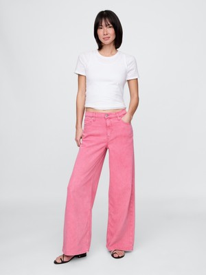 Kadın Pembe Mid Rise Ultrasoft Baggy Jean Pantolon