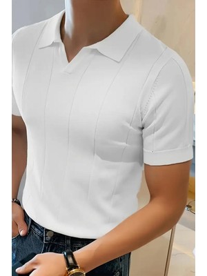 Quentin Çizgili Likralı Slim Fit Polo Yaka Örme Erkek Triko Tshirt