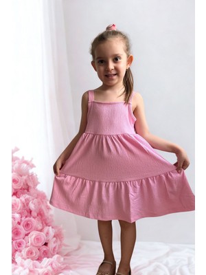 Lupinn Moda Kız Çocuk Pembe Askılı Yazlık Pamuklu Volanlı Elbise
