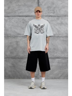Nomarc Gri Love Money Yazılı Yıkamalı Oversize Tshirt
