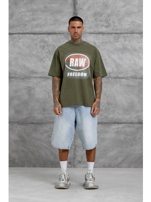 Nomarc Haki Raw Yazılı Yıkamalı Oversize Tshirt