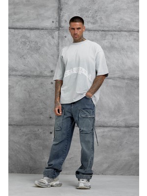 Nomarc Gri Işaretli Yazı Baskılı Yıkamalı Oversize Tshirt
