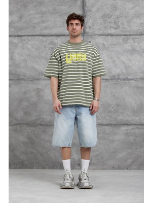Nomarc Yeşil Y269 Baskılı ve Çizgili Oversize Tshirt