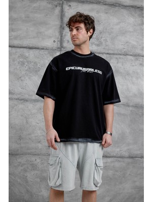 Nomarc Siyah Epicurusarless Yazılı Oversize Tshirt