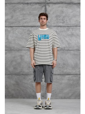 Nomarc Krem Y269 Baskılı ve Çizgili Oversize Tshirt